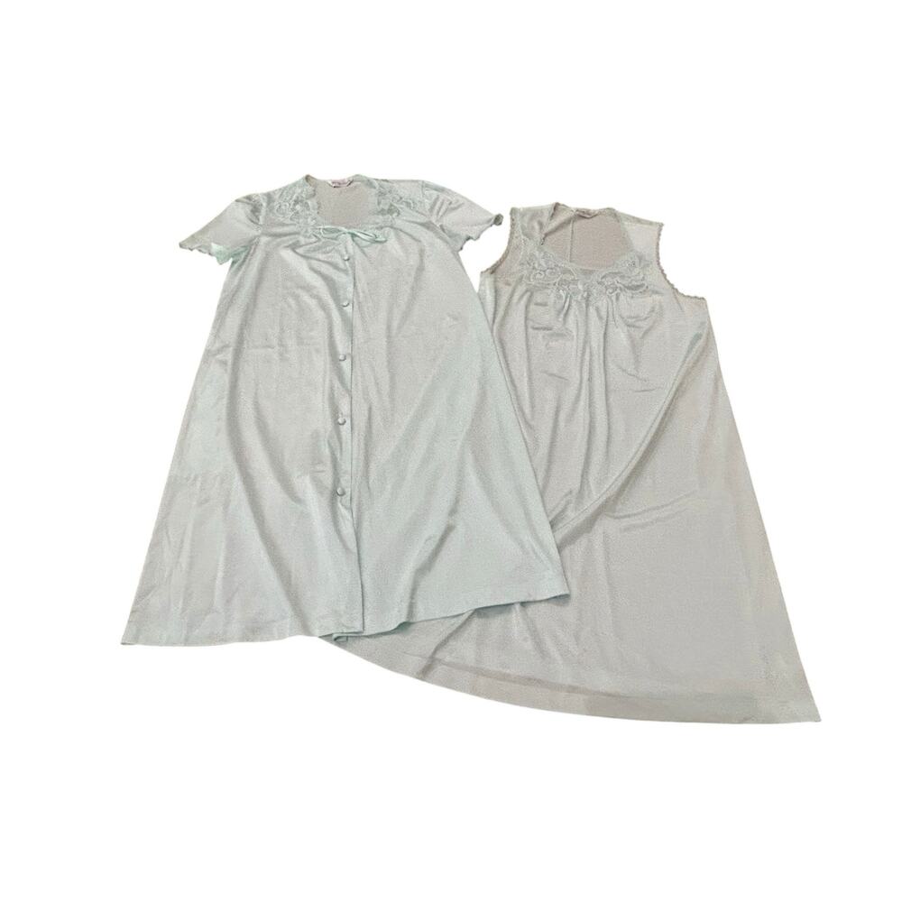 Vanity Fair Peignoir Set Robe Nightgown Minty Blue Green 1970s Set USA XS -